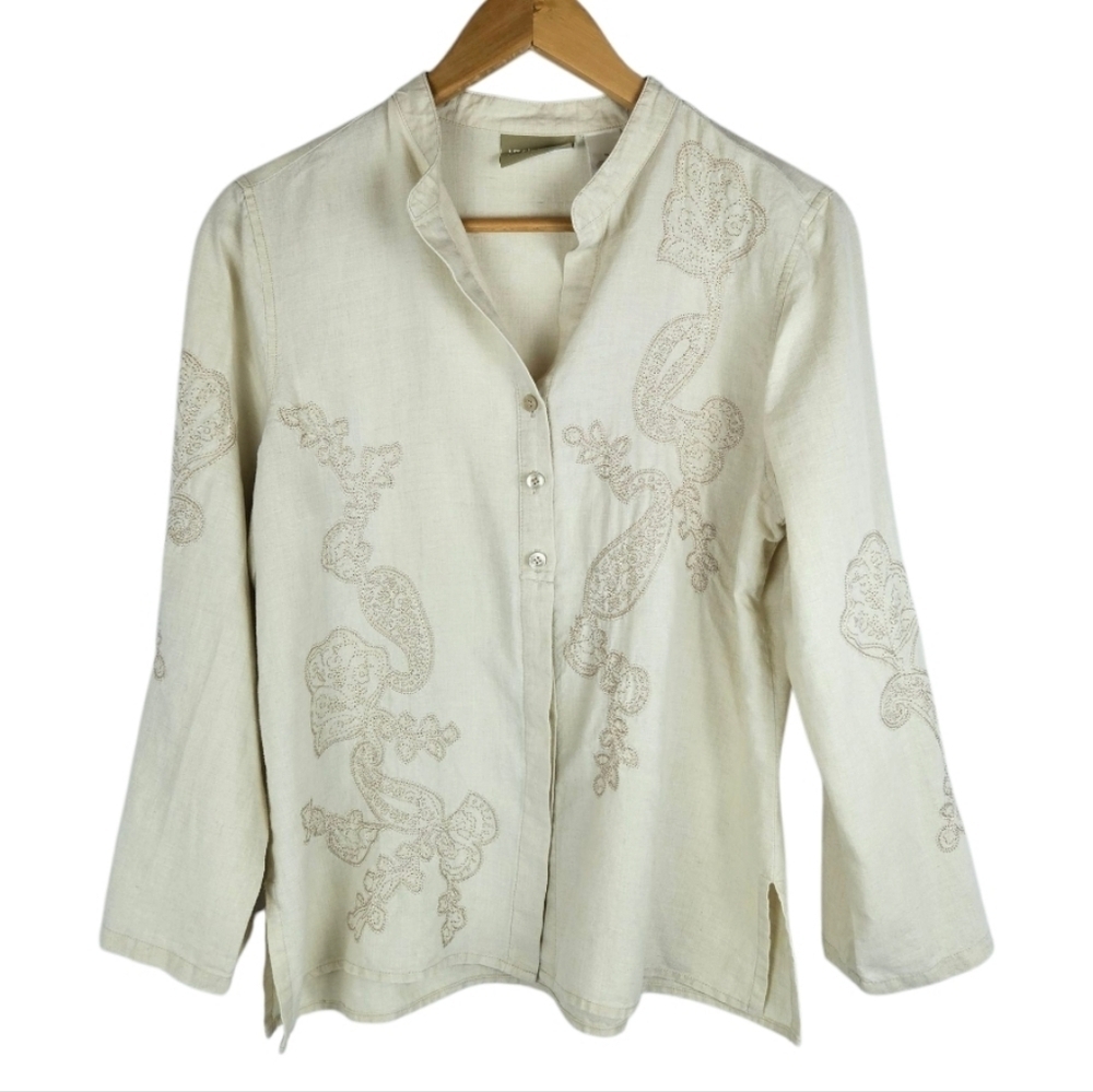 Liz Claiborne Lizwear 100% Linen Embroidered Blouse Ivory Medium​